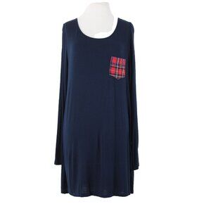 Million Bullpup Sz M Navy Blue Red Plaid Long Sleeve V Back Rayon Spandex Dress